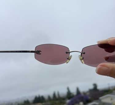 CHANEL Purple Lens Silver Rimless Frame CC Logo Sunglasses