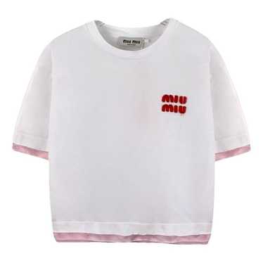 【Jiro】MIU MIU frill design Tshirts Beige+fern Green Ribbed Jersey Top With Embroidered Logo