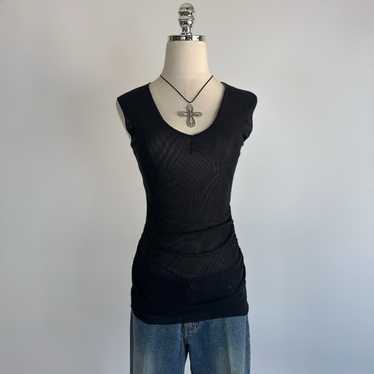 Vintage Y2k Express Black Beaded Mesh Deep V Blous