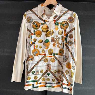 【HERMES】1990s All Pattern Silk L/S Shirt HERMES Silk Blouse - Size L, Collar Design, Elegant Luxury