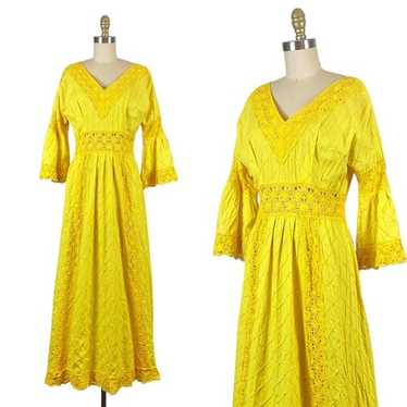 ワンピース 70s Yellow Mexican Dress 70s Mexican Dress Yellow, Floral, Long Dress, Shift Dress