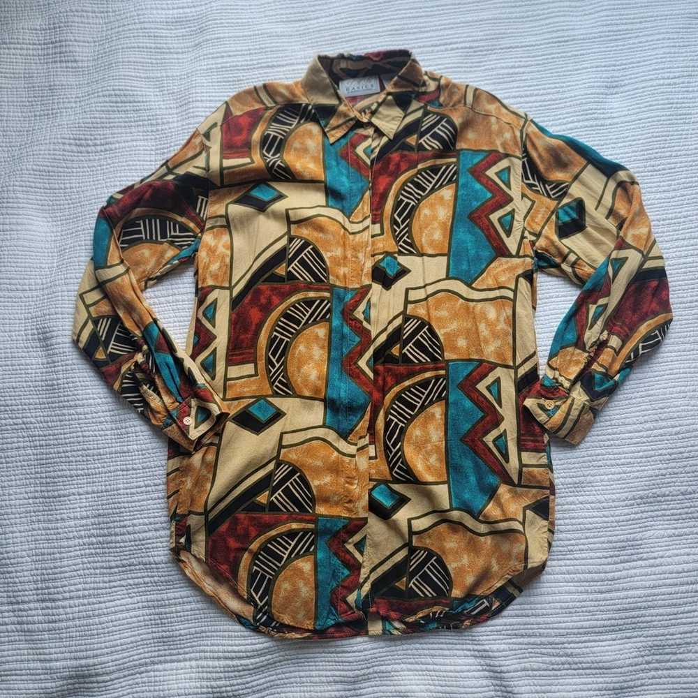 Vintage Abstract Geometric Pattern Button Down Bl… - image 1