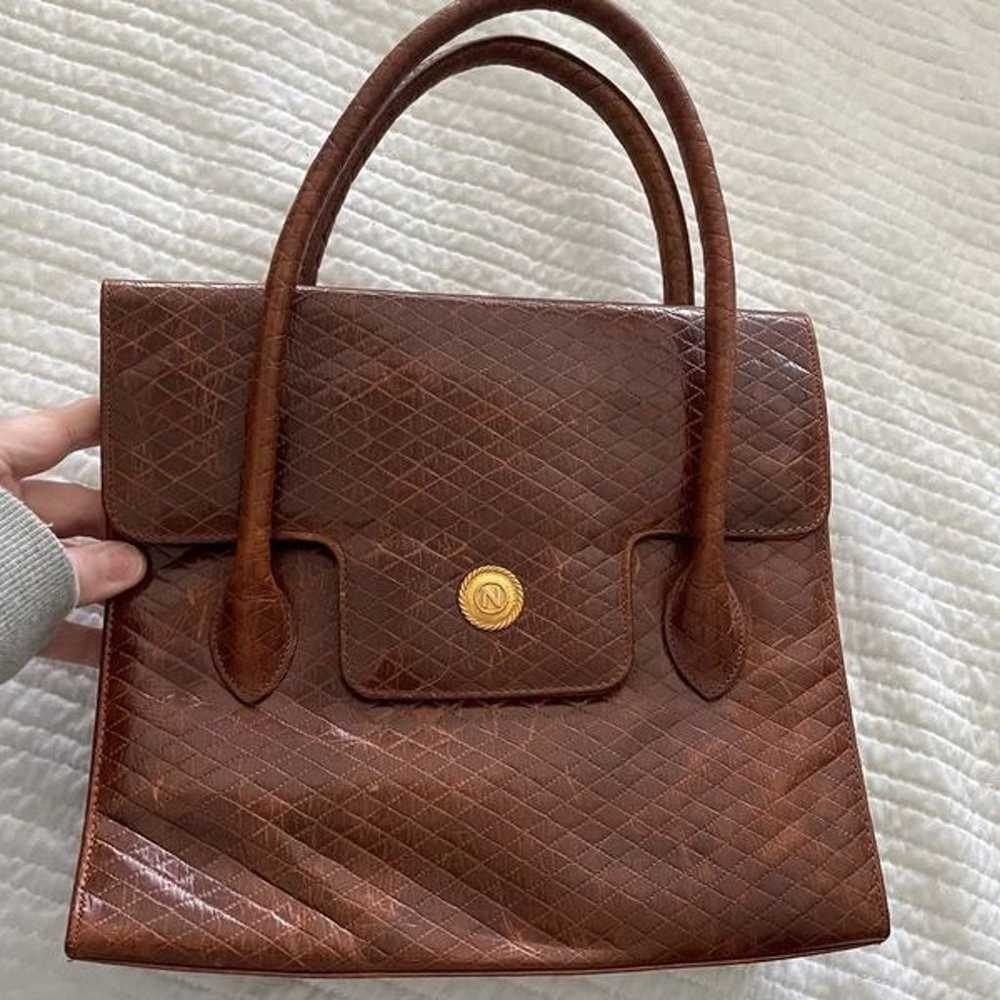 Albert Nipon Brown Geometric Patterned Real Leath… - image 1