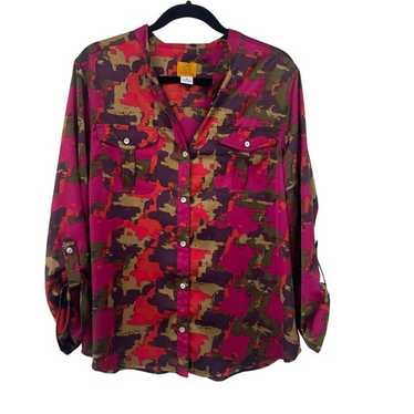 Ruby Rd V Neck Button Up Roll Tab Sleeve Multicol… - image 1