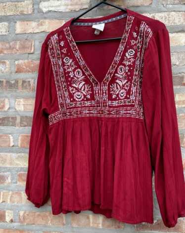 Knox Rose Top Womens XL Red Blouse Boho Embroidere