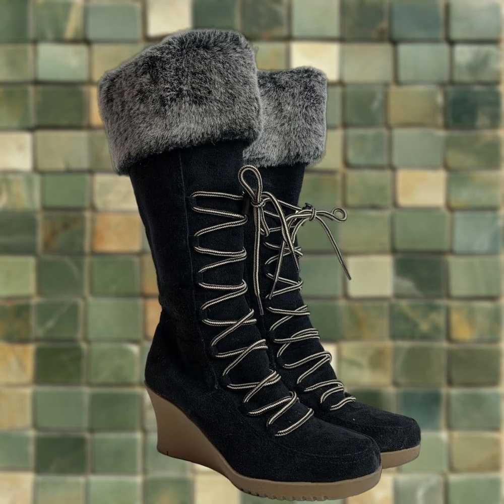 Vintage Rampage Quail Womens Black Lace Up Mid Heel Boots Fur Trim Size 9