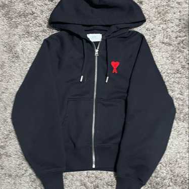 ★【AMI PARIS】 Big Heart Logo Wool Knit Hoodie Black★ AMI Men's Large A Heart Knitted Popover Hoody in Black/Red AMI