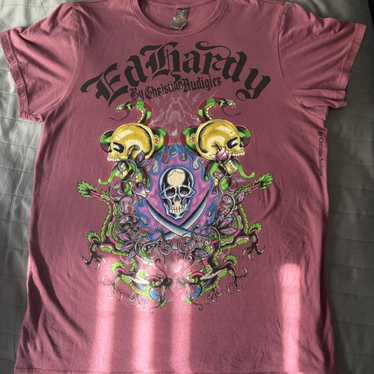 Ed Hardy Womens T Shirt Tiger Pink XXL Junior Cap Sleeve