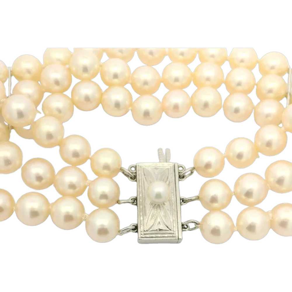 Vintage Mikimoto 3 Strand 6.5-7mm Pearl Bracelet w/ 14k Gold Engraved Clasp