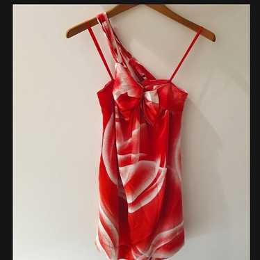 Bcbg Maxazria Red/White Silk One-Shoulder Sleevele