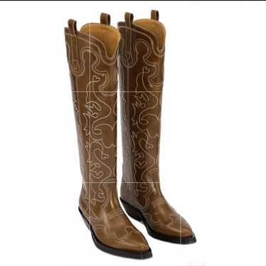 ミドルブーツ GANNI Women Boots S2620890 Brown GANNI Ganni Brown Mid Shaft Embroidered Western Boots 825.00