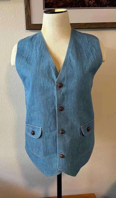 Vintage 1970s STE LVCIEN Rare Light Blue Denim V Neck Vest