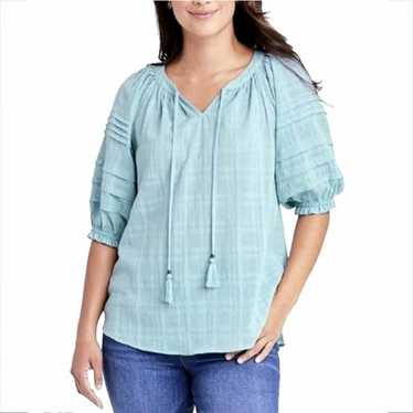 Knox Rose Blue Peasant Pleat Top Blouse M Beach Co