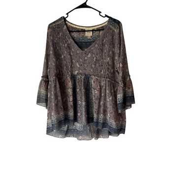 Knox Rose Boho Floral Tunic Blouse M Sheer Peasant