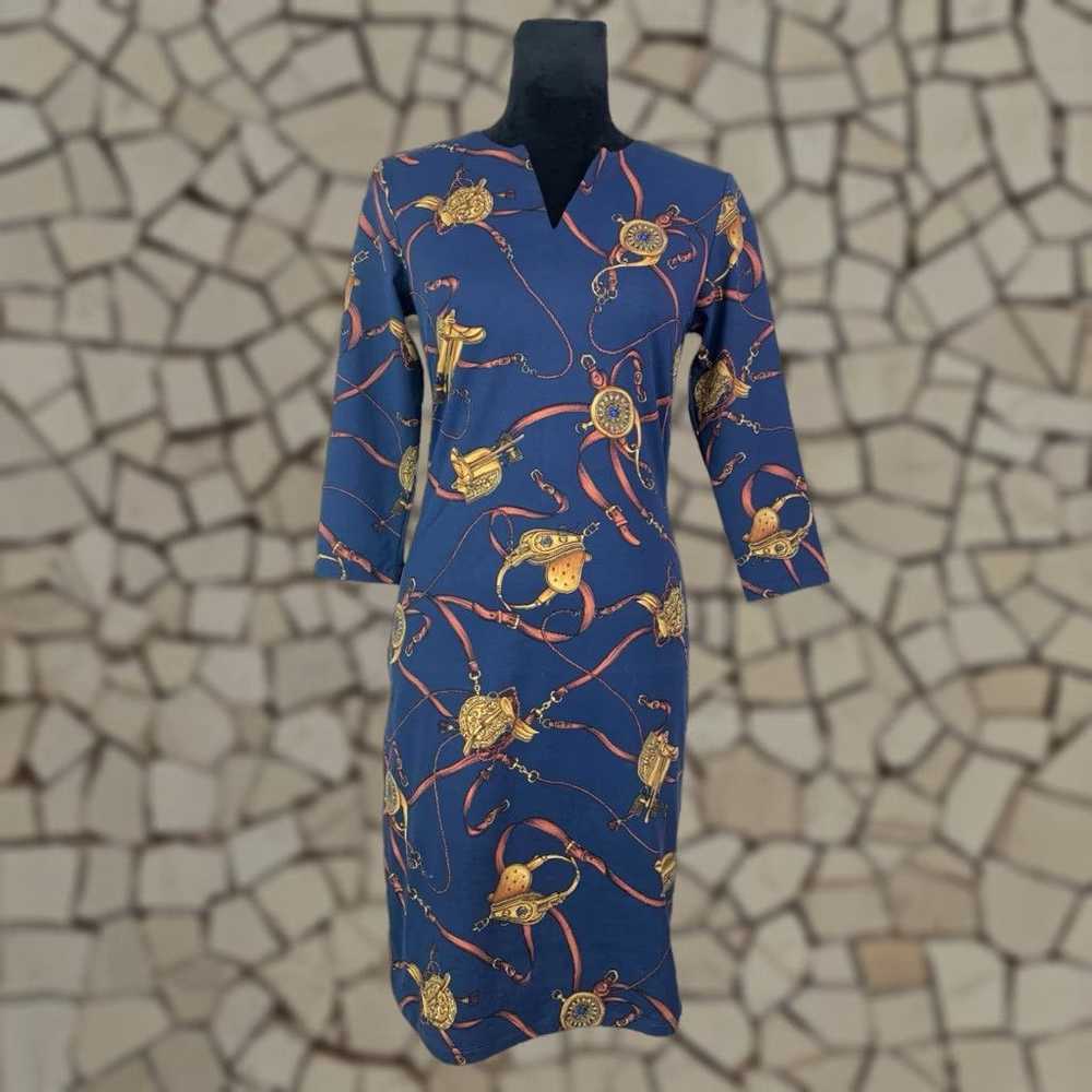 Vintage J. McLaughlin Catalina Carly Dress Navy Blue Geometric Print 3/4 Sleeve XS Womens Classic Mini Bodycon