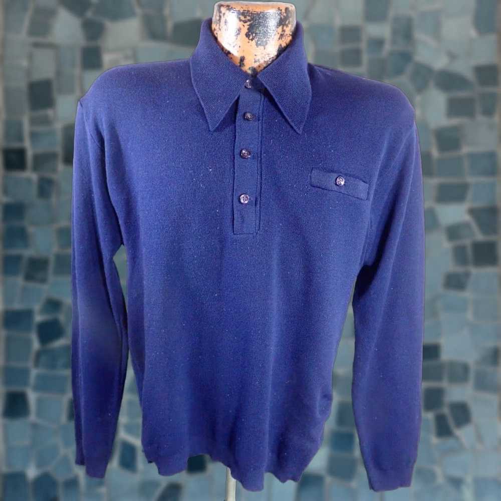 Vintage VINTAGE John Blair Nylon Ban-Lon Collared Shirt Adult Large Blue 60s Rockabilly Mens Long Sleeve