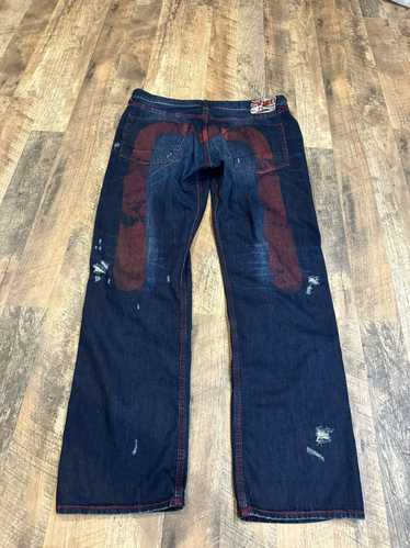 EVISU／メニーポケット／Lot2001／白•青•黄色•赤•緑カモメ／W32 サイズ32 メニーポケット 0119 赤耳 濃紺 美品 エヴィス エビス