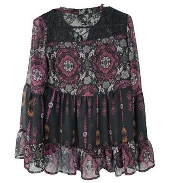 Knox Rose Womens BOHO Peasant Blouse Top XS Black 