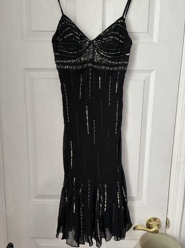 パーティードレス Black Beaded Silk Dress 80s Vintage Black Silk Beaded Cocktail Dress / Elegant Party