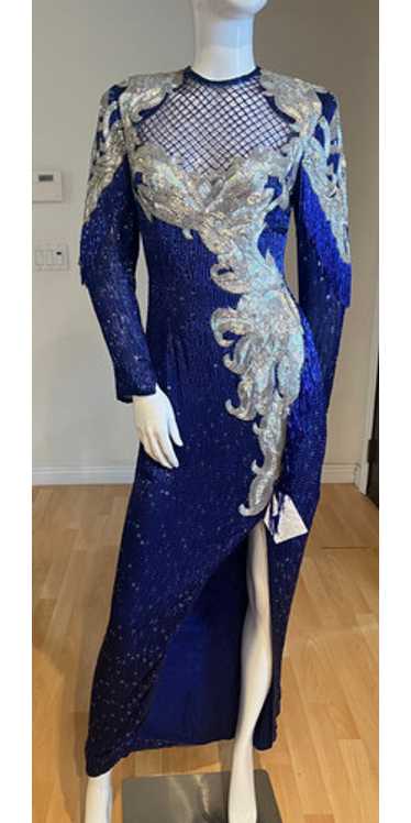 ヴィンテージLillie Rubinベルベット80s 90s希少 Vintage 80s Lillie Rubin Blue Silk Beaded Gown Handmade Gold