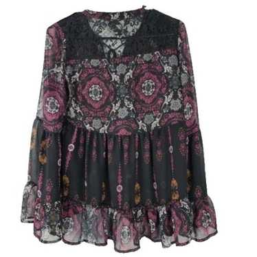 Knox Rose Womens BOHO Peasant Blouse Top XS Black 