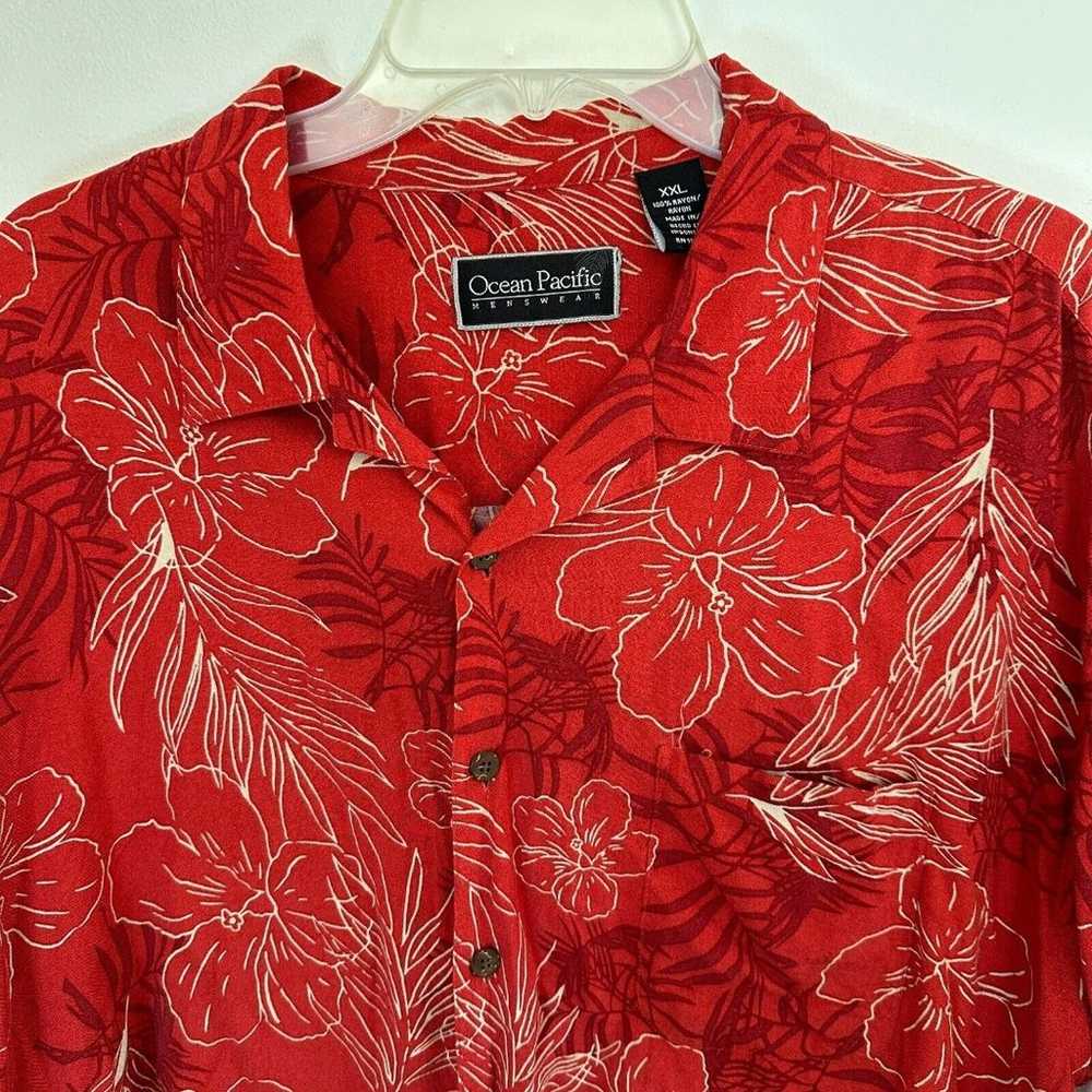 Vintage OP Ocean Pacific Men's Hawaiian Shirt Red Hibiscus Design XXL 2XL