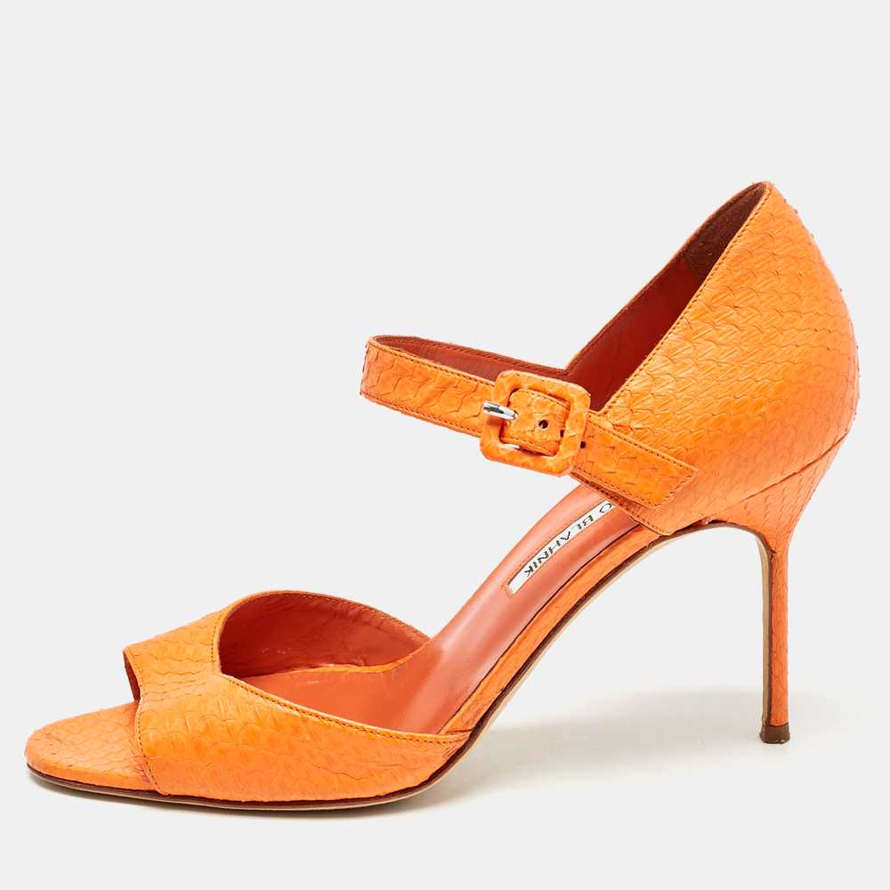 Manolo Blahnik Orange Snakeskin Embossed Leather Ankle Strap Sandals Size 38