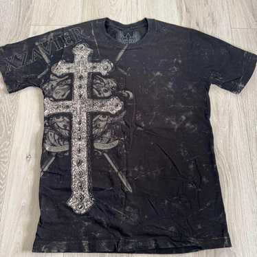 【oan】Cross Necklace Damage Pigment Short Sleeve T-Shirt Xzavier t shirt - Gem