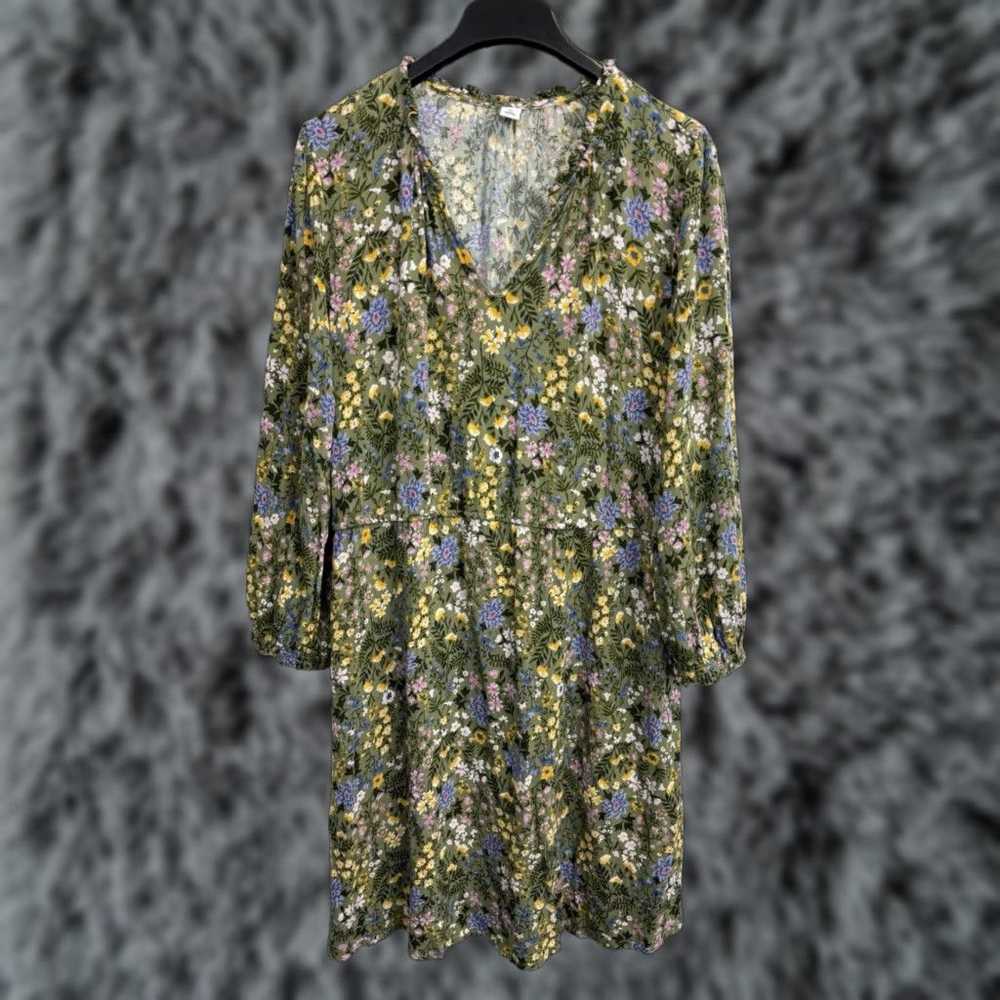 Old Navy OLD NAVY Women's XL Floral Boho Mini Dress Long Sleeve V-Neck Lace Up Olive Green