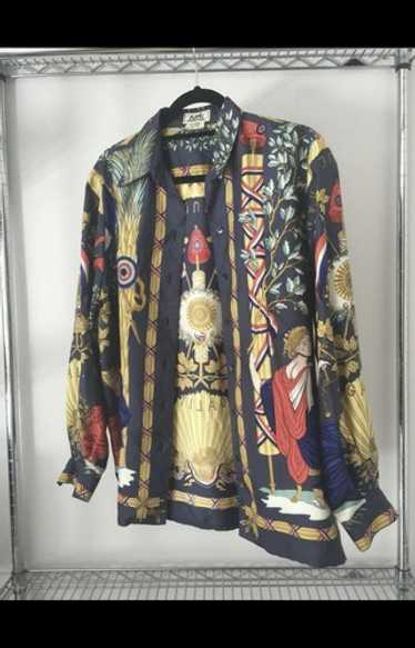 【HERMES】1990s All Pattern Silk L/S Shirt HERMES Silk Blouse - Size L, Collar Design, Elegant Luxury