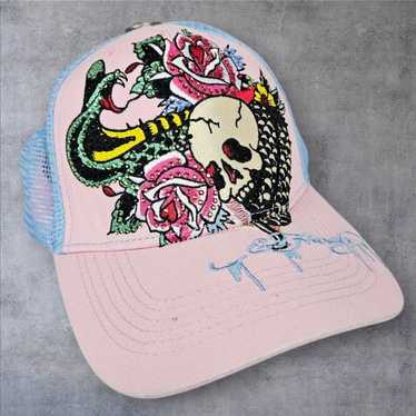 Ed Hardy Green Trucker Hat Tags 2000s Rhinestone SnapBack