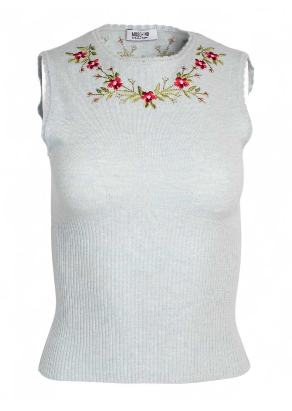 MOSCHINO 90S BLUE WOOL FLORAL EMBROIDERED SWEATER VEST @GK