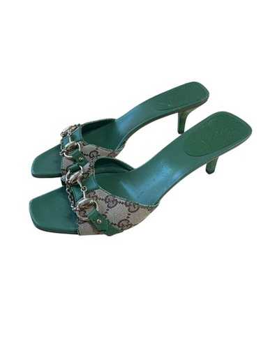 靴 Vintage Gucci Monogram Mules 37 GUCCI Monogram Horsebit Bamboo Mules Kitten Heels Black 37