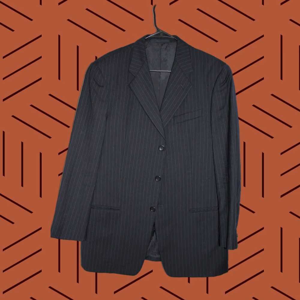 Vintage VINTAGE Armani Collezioni Navy Blue Striped Wool Sport Coat 42R Regular Three-Button Mens