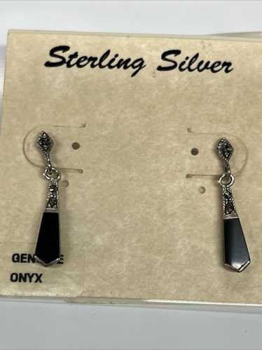 Vtg Marsala Sterling Onyx Marcasite  Pierced Earr… - image 1