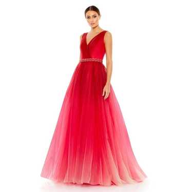【MAC DUGGAL】ロングドレス レッド ノースリーブ Vネック Red Sleeveless Ruffle Tiered V Neck Gown - Mac Duggal