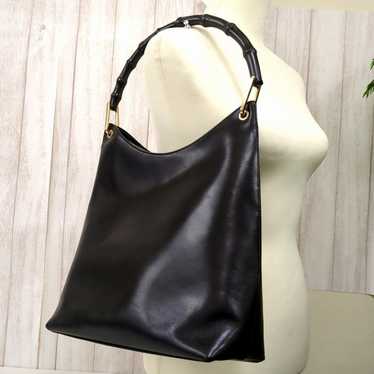 Bamboo handle flap bag／ブラックデニム Donatella - Shopping bag black naplak with bamboo handle