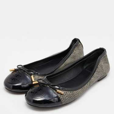 Tory Burch Gray Python Embossed Leather & Black P… - image 1