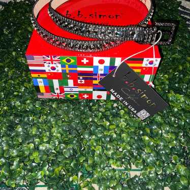 b b simon 赤黒ベルト ジルコニア希少 B.B. Simon NEW Size 34 b.b. simon Belt Red Siam Crystal