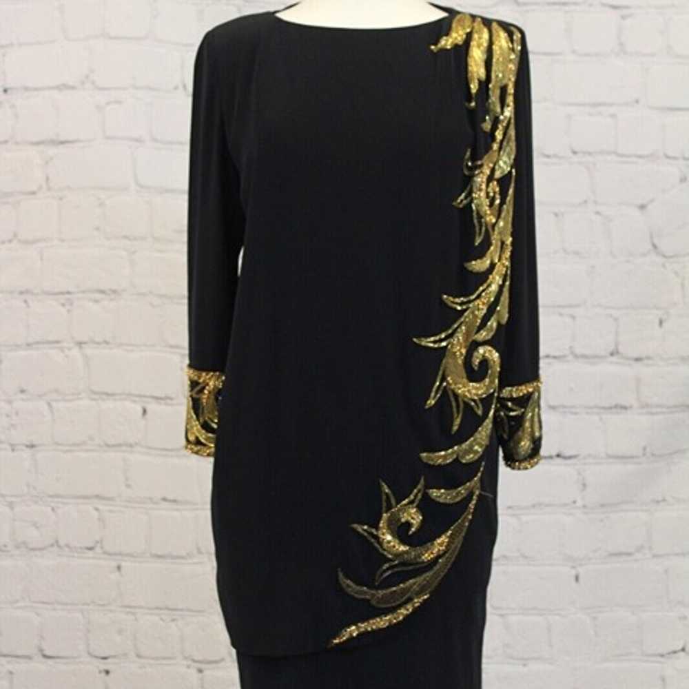Vintage Bob Mackie Black Long Sleeve Dress with Elaborate Gold Beading Size 8