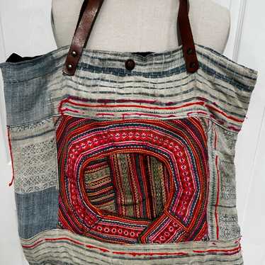 LL Bean Patchwork Plaid Large Tote Bag w/ Leather Handles | eBay