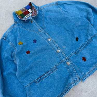 90s Vintage Denim Jacket With Geometric Leather and Metallic