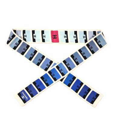 【完売間近】 (W) Chanel Slim Bandeau Silk Twill & Navy CHANEL Silk Twill Slim Bandeau Scarf Light Blue Multicolor