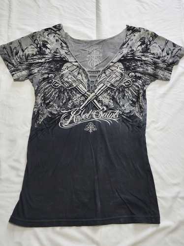 Rebel Saints AFFLICTION バラ柄 Vネック Tシャツ Rebel saints by affliction - Gem