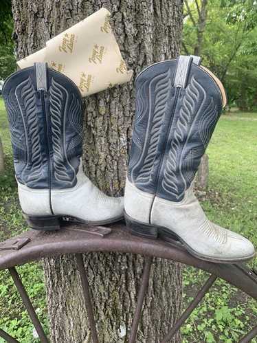 靴 vintage tony lama gray long boots Vintage Tony Lama Gray & Black Cap Toe Cowboy Boots Size 9.5