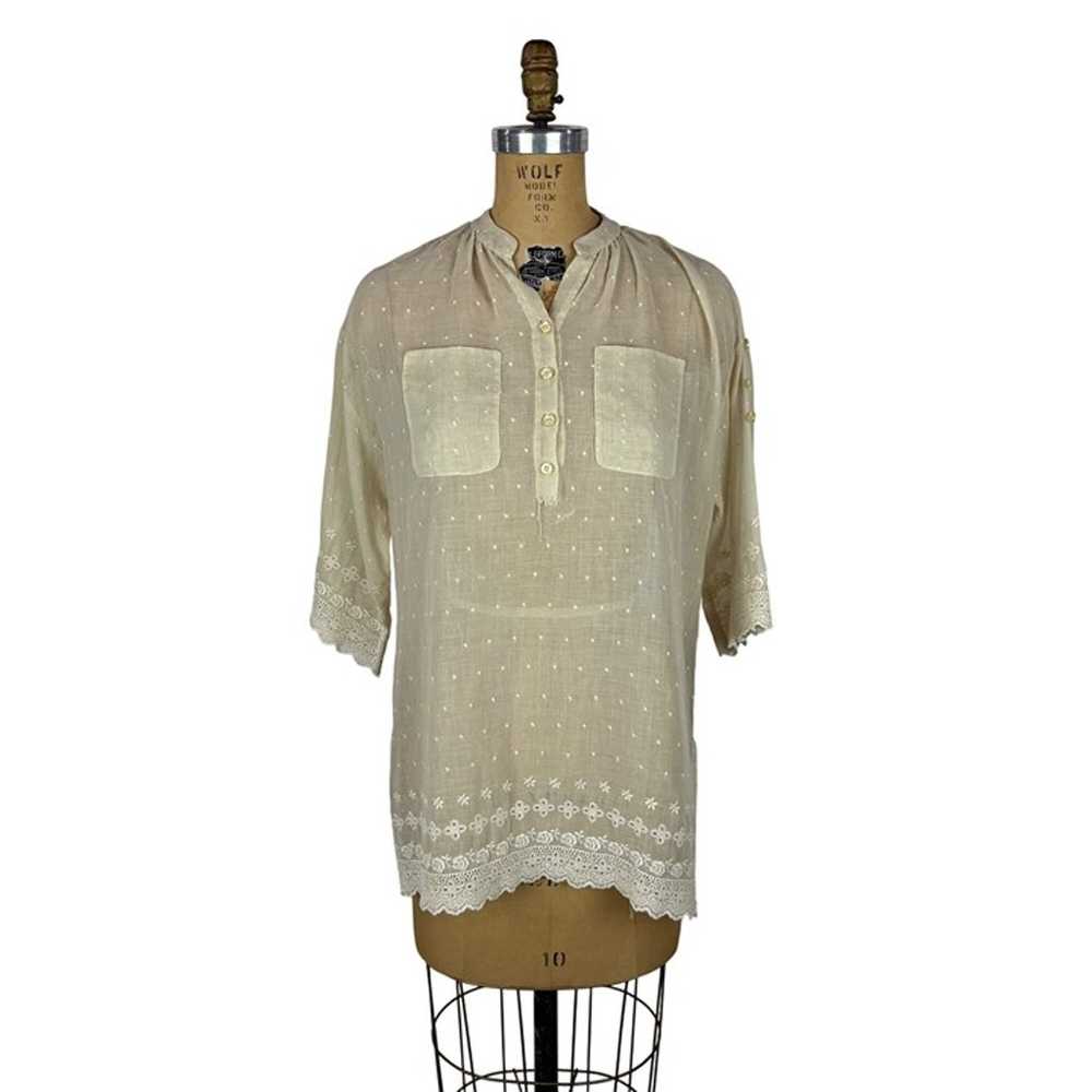 Vintage 70s Sheer Shirt Womens Large Beige Dotted… - image 2
