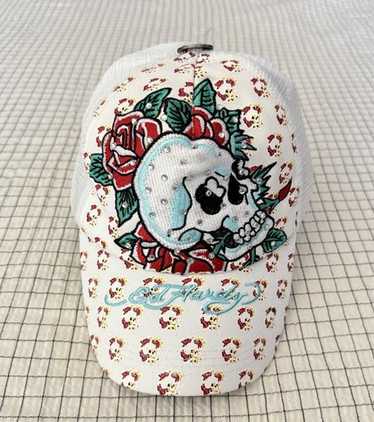 ◆Ed Hardy◆スカル ホワイト キャップ 送料込 Ed Hardy エド・ハーディー ハートスカル刺繍 ラインスストーン