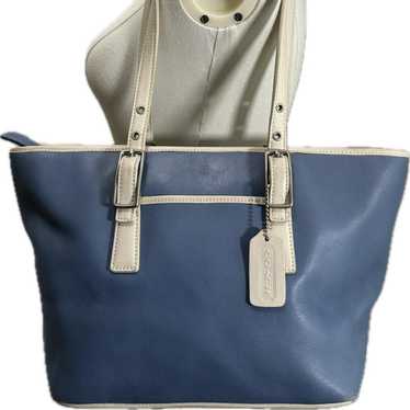 バッグ Vintage Coach Tote Bag Mint Blue Leather VINTAGE COACH SHOULDER TOTE BAG BLUE LEATHER TRIM ZIPPED