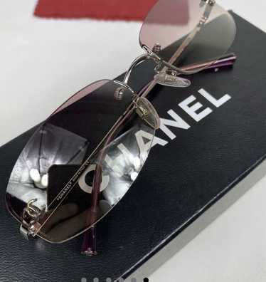 CHANEL Purple Lens Silver Rimless Frame CC Logo Sunglasses
