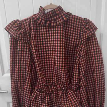 GANNI チェックトトハック A68935903 038 Red Alert Red Crinkled Check Taffeta Dress | GANNI US